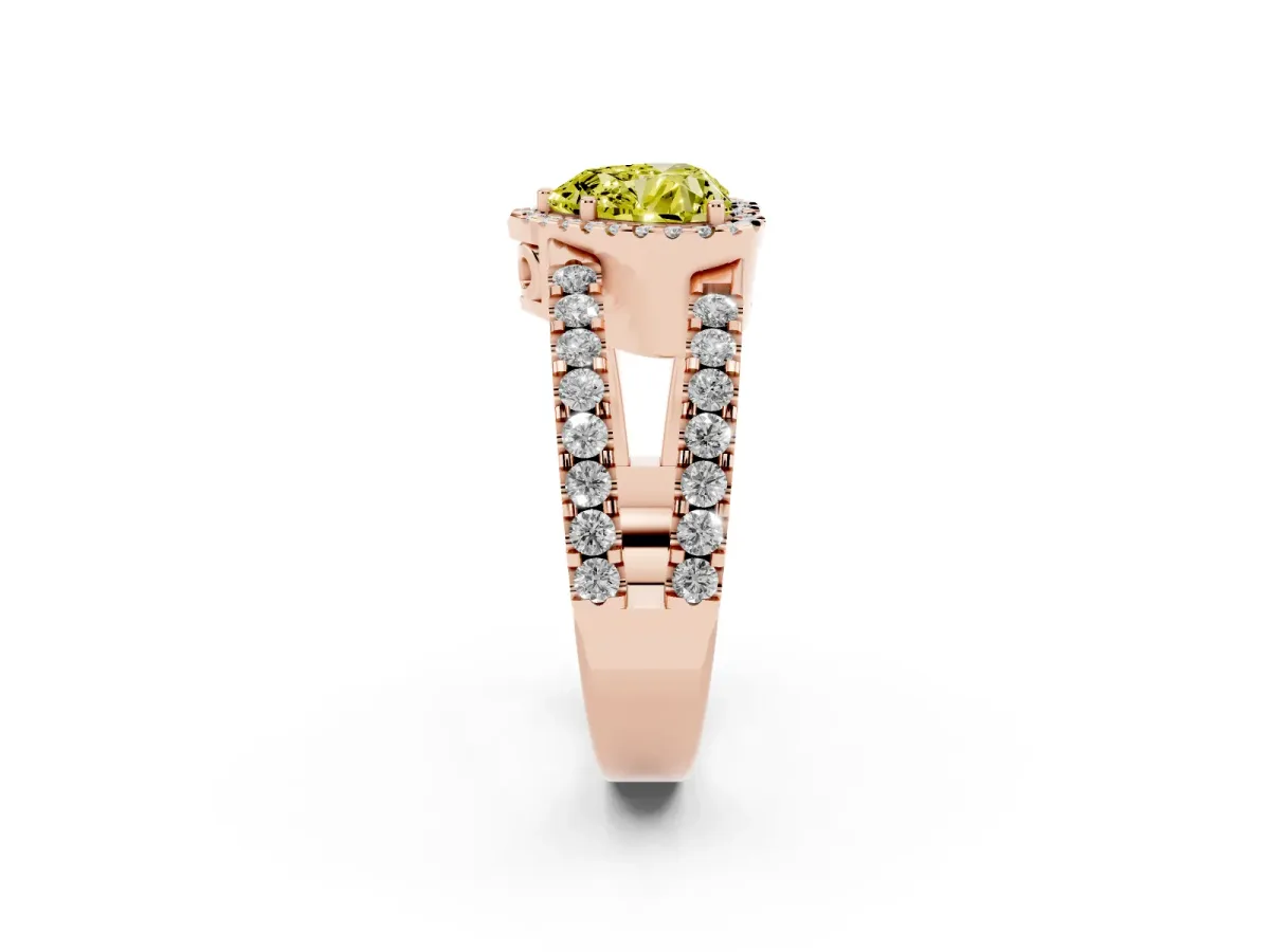 Fancy Yellow Heart Cut Cut Halo Split Shank Diamond Ring with Four-Prong Setting Rose gold
