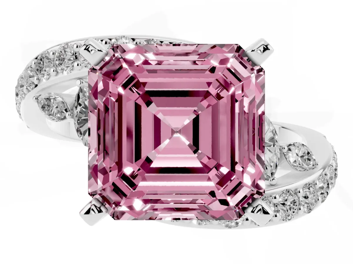 Fancy Pink Asscher Cut Solitaire with Pavé Twist Band and Four-Prong Setting Platinum