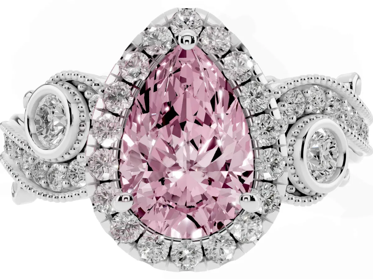 Fancy Pink Pear Cut Halo Diamond Ring with Milgrain and Bezel Accents on a Split Shank Band Silver