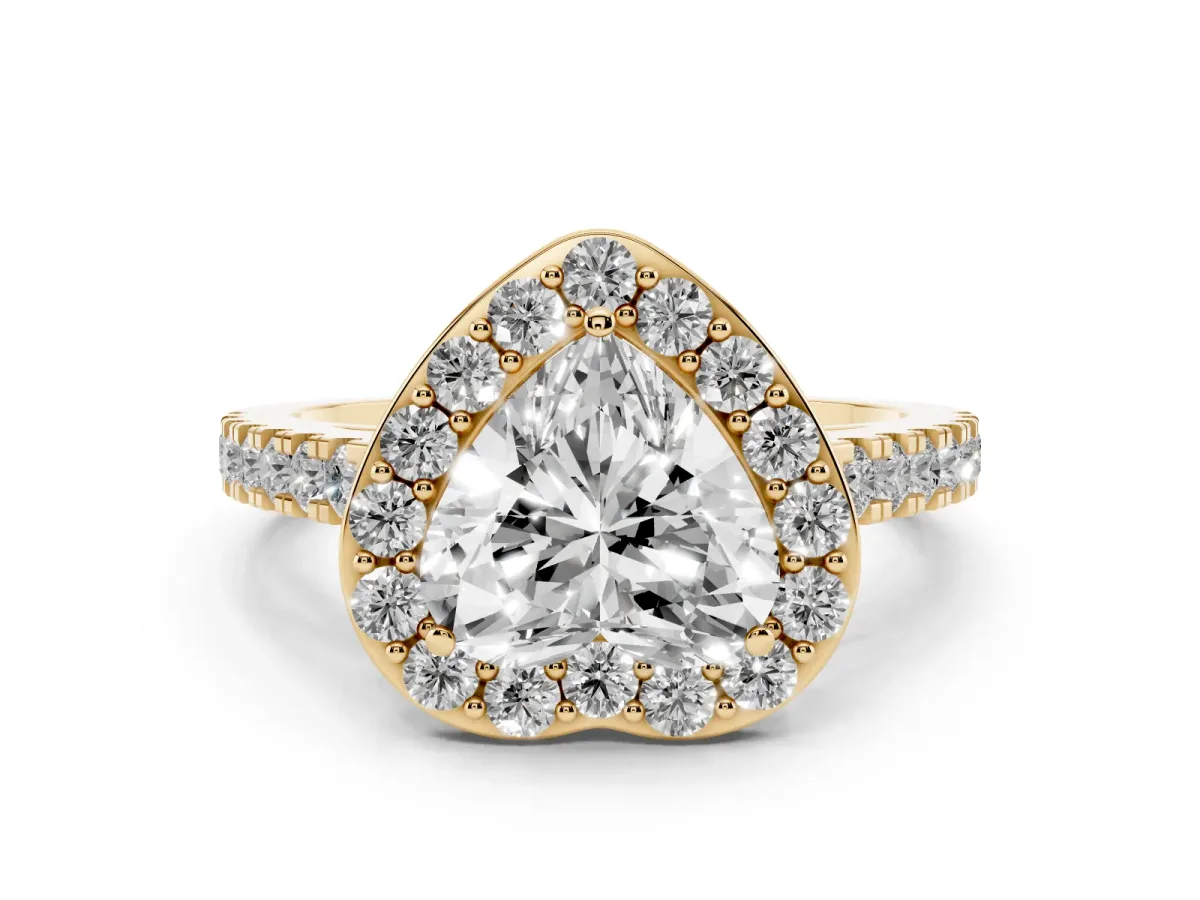Heart Cut Diamond Halo Ring with Round Pavé Split Shank and Prong Setting Yellow gold