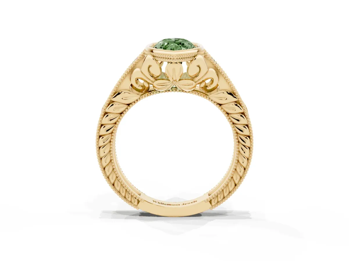 Fancy Green Bezel Set Marquise Cut Diamond Milgrain Pave Engagement Ring Yellow gold