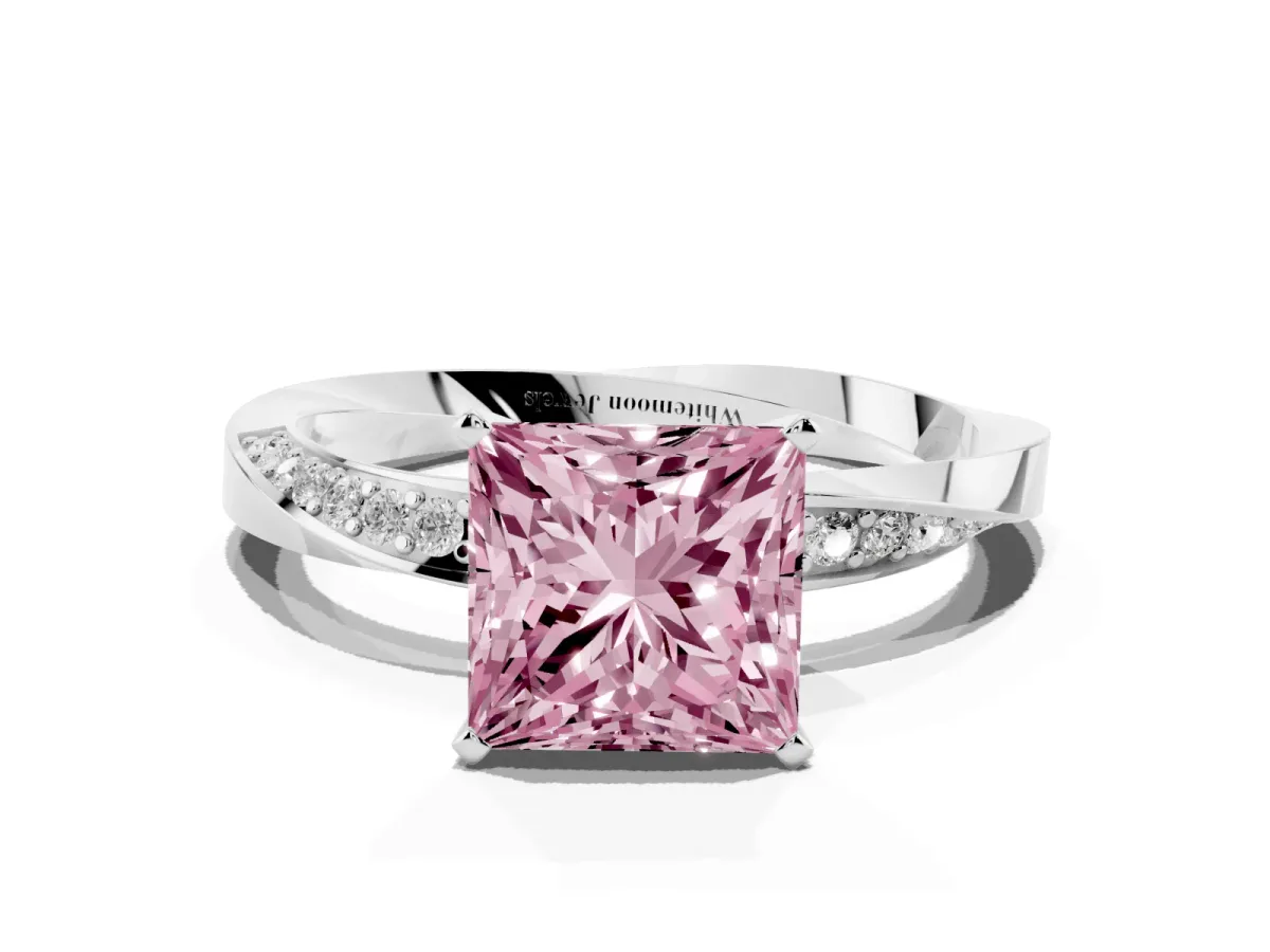 Fancy Pink Princess Cut Diamond Engagement Ring with Side Stone Accents and Four-Prong Setting Platinum