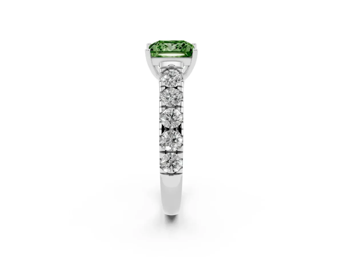 Fancy Green Princess Cut Cut Diamond Solitaire Ring with Micro Pave Band and Prong Setting Silver