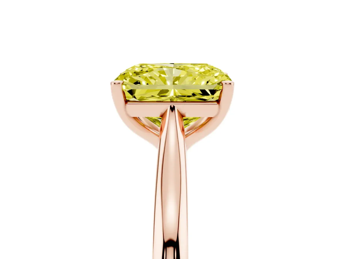 Fancy Yellow Radiant Cut Cut Solitaire Ring with Cathedral Band and Four-Prong Setting Rose gold