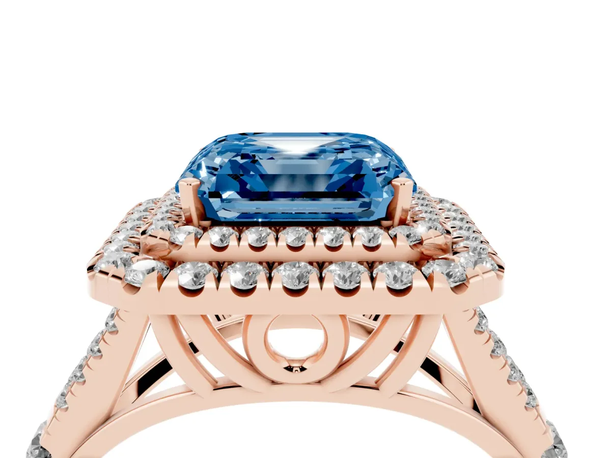 Fancy Blue Asscher Cut Cut Double Halo Split Shank Diamond Ring with Prong Setting Rose gold