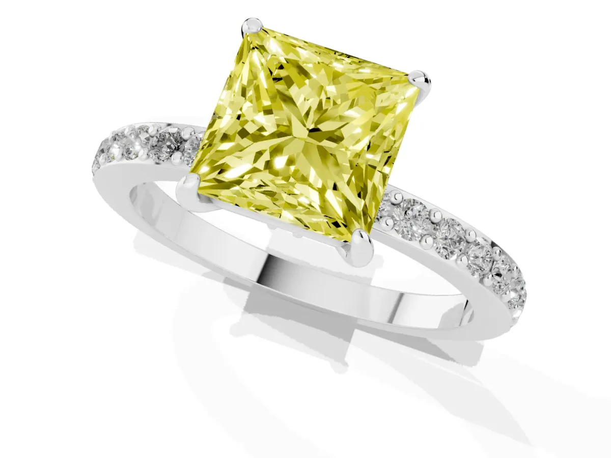 Fancy Yellow Princess Cut Diamond Solitaire Engagement Ring with Pavé Band and Four-Prong Setting Silver