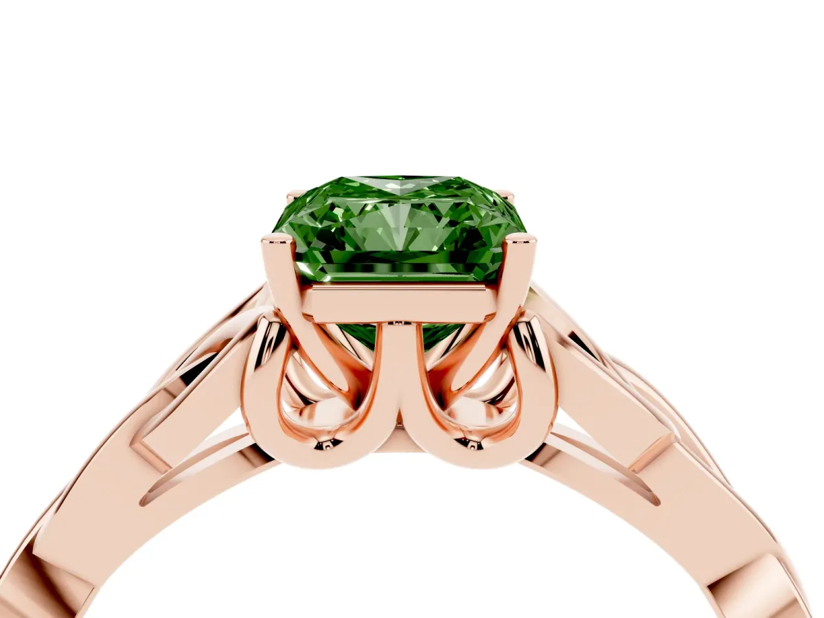 Fancy Green Radiant Cut Diamond Solitaire Engagement Ring with Celtic Knot Band and Four-Prong Setting Rose gold