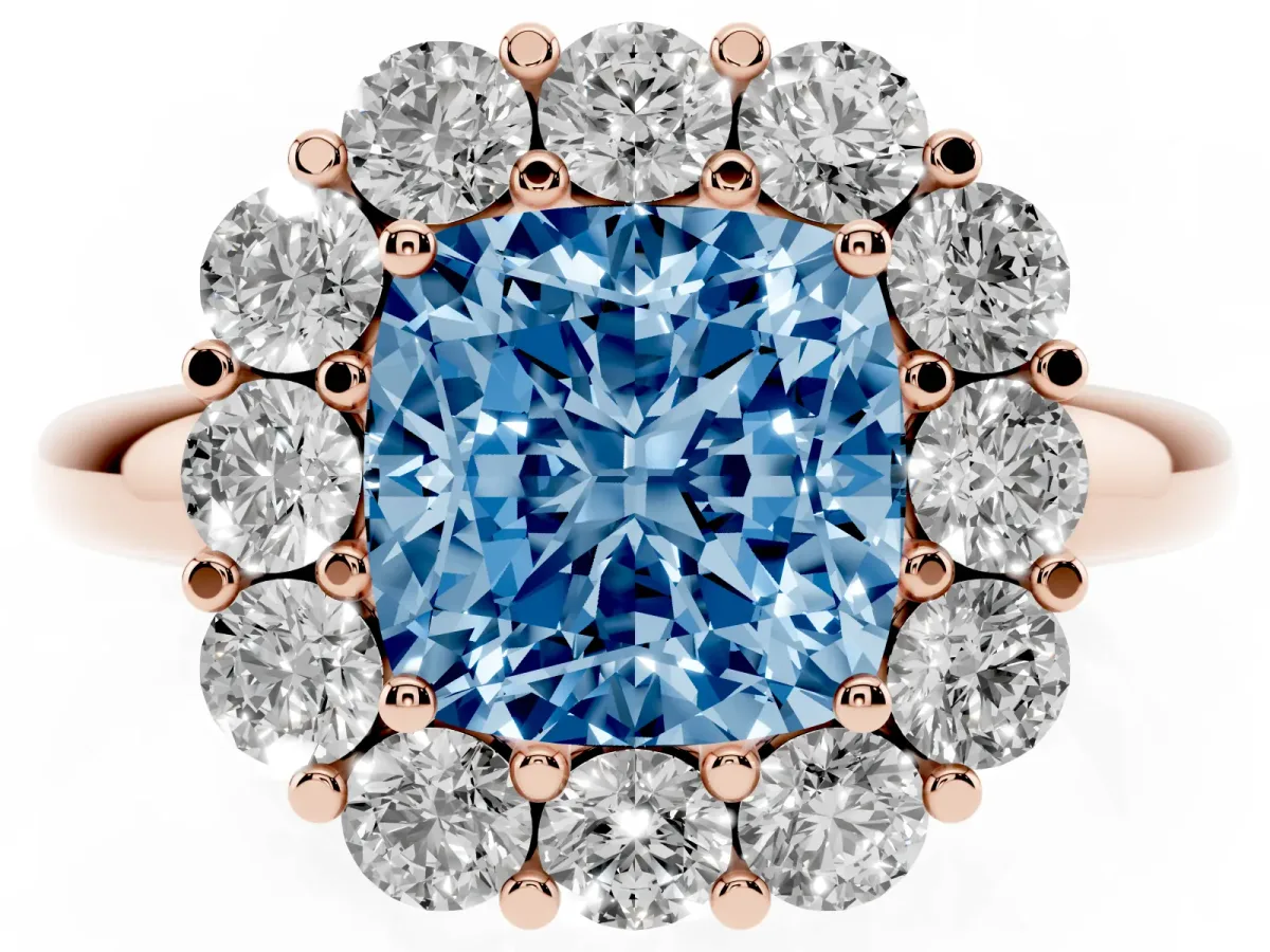 Fancy Blue Cushion Cut Halo Cluster Diamond Engagement Ring with Prong Setting and Polished Band Rose gold