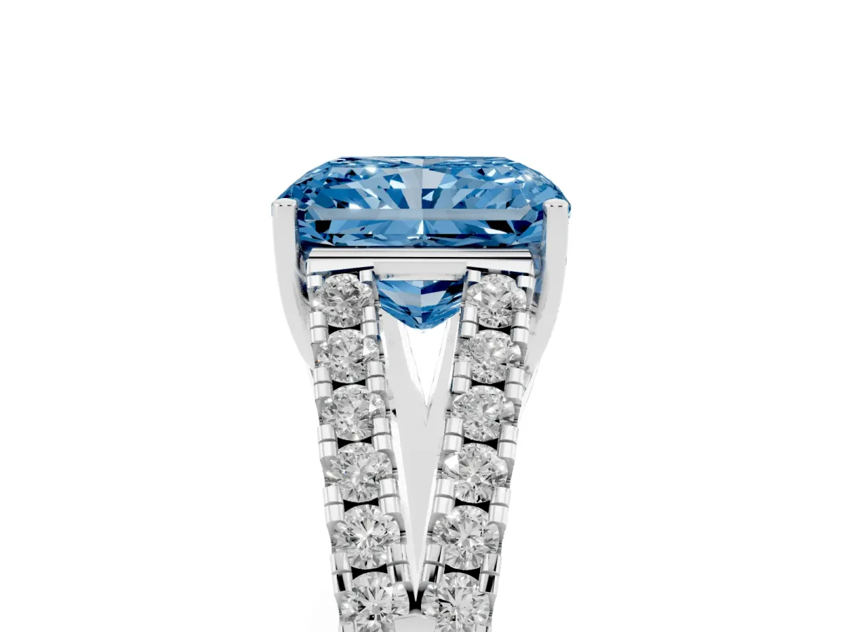 Fancy Blue Radiant Cut Diamond Split Shank Pavé Engagement Ring with Four-Prong Setting White gold