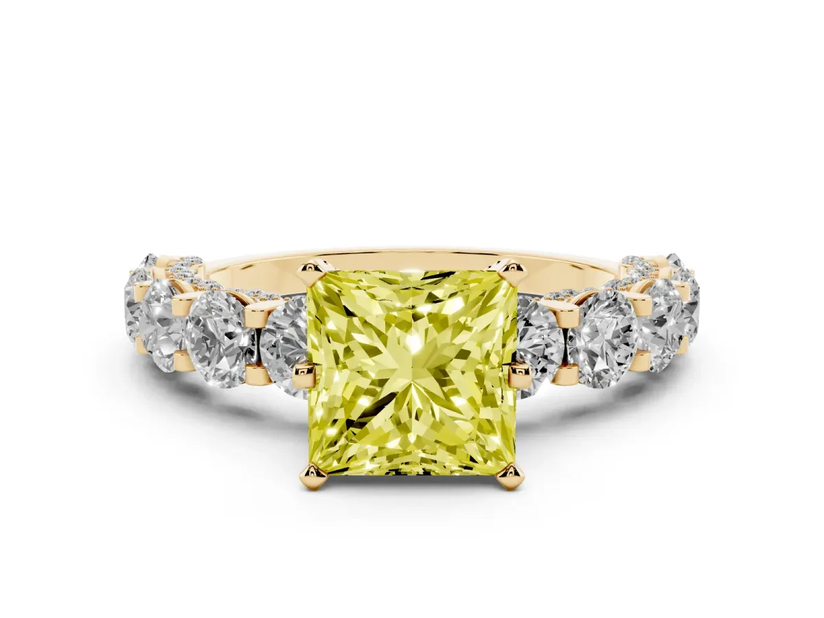 Fancy Yellow Princess Cut Diamond Side Stone Engagement Ring with Four-Prong Setting Yellow gold