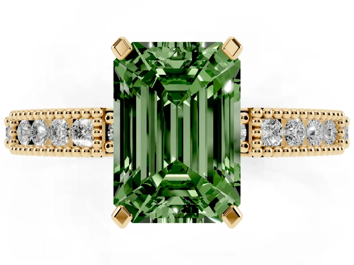 Fancy Green Emerald Cut Solitaire with Pavé Band and Four-Prong Setting Yellow gold