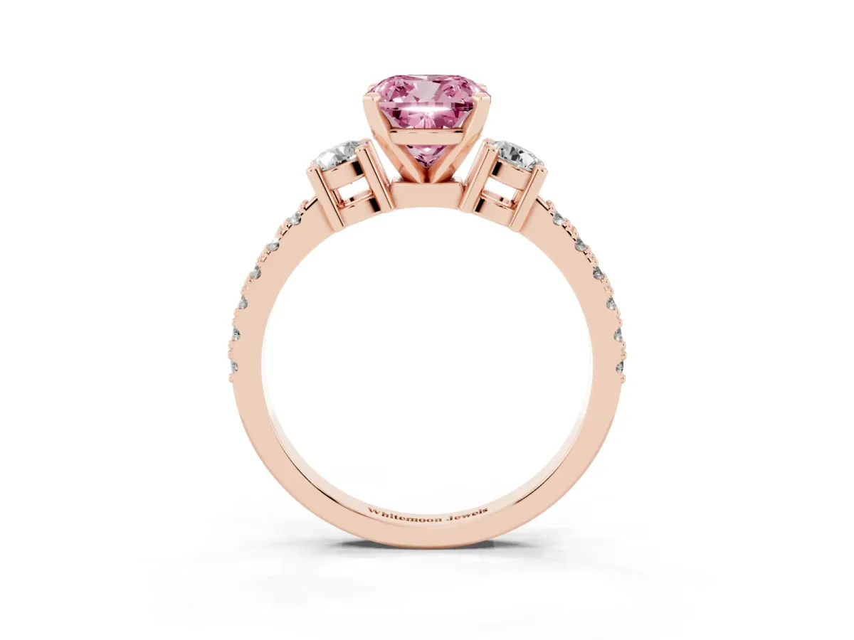 Fancy Pink Cushion Cut Three-Stone Diamond Pavé Band with Prong Setting Rose gold
