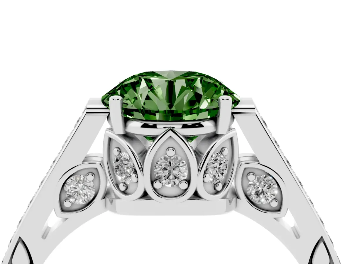 Fancy Green Round Cut Cut Cathedral Pave Diamond Engagement Ring with Six-Prong Setting Silver