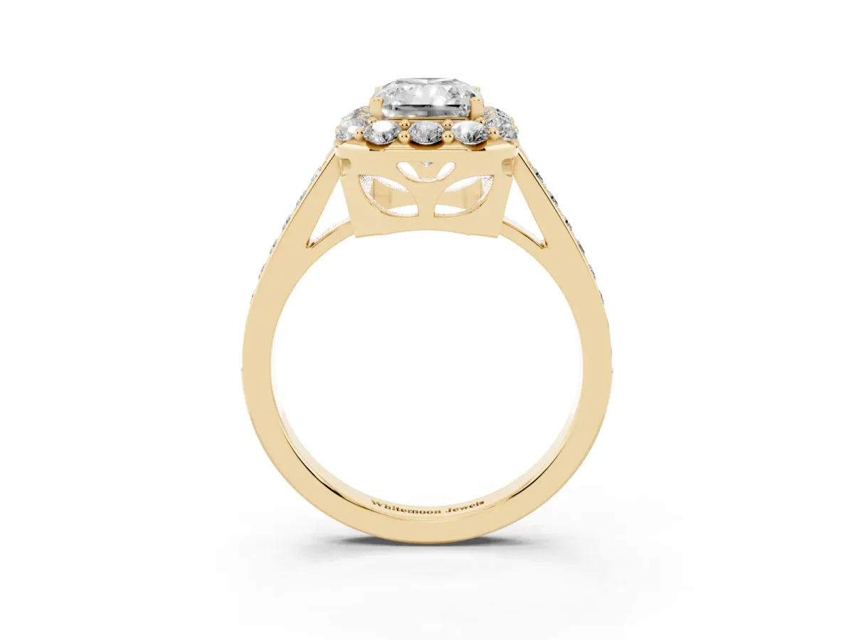 Radiant Cut Diamond Floral Halo Ring with Pavé Band and Prong Setting Yellow gold
