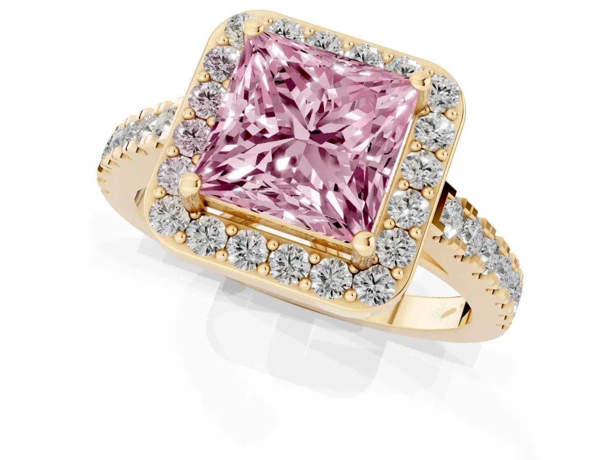 Fancy Pink Princess Cut Diamond Halo Ring with Round Pavé Split Shank and Prong Setting Yellow gold
