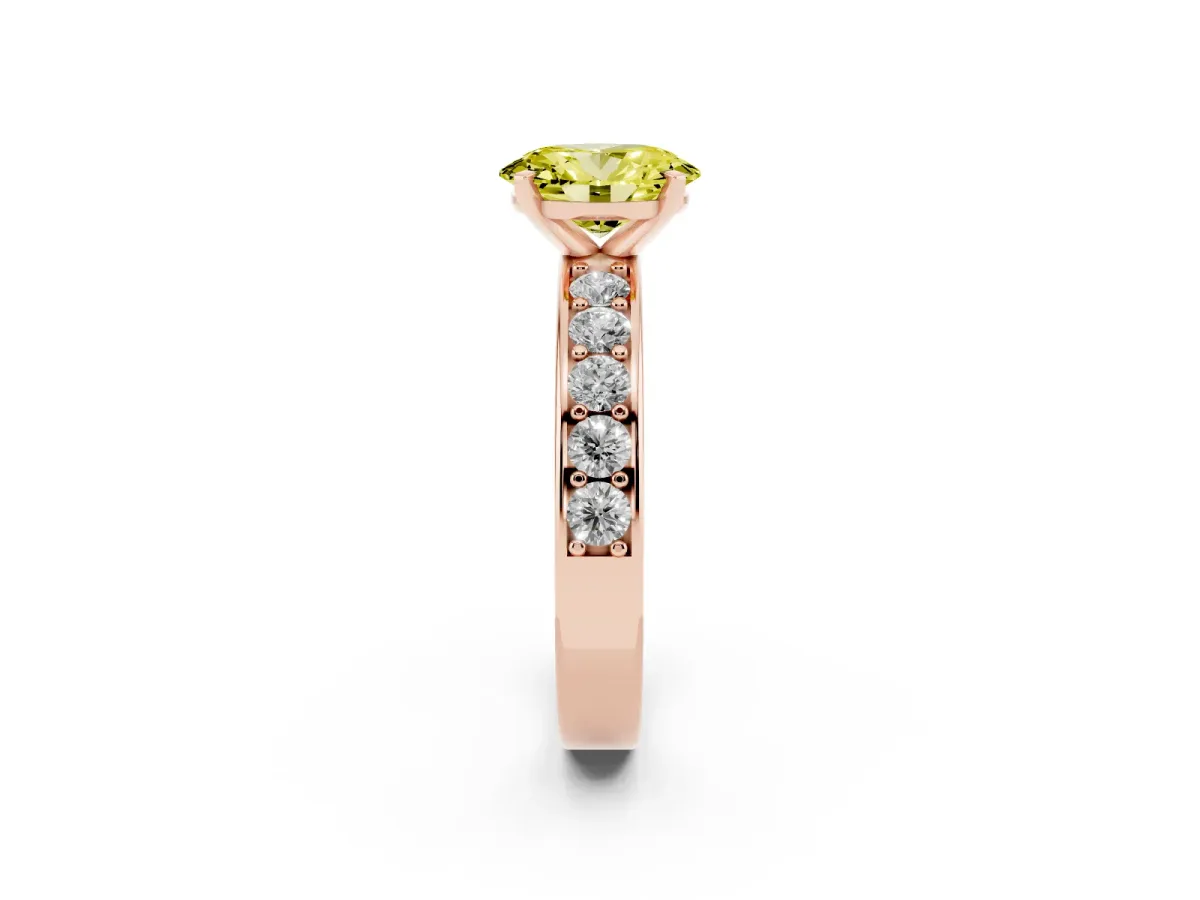 Fancy Yellow Oval Cut Diamond Engagement Ring with Channel Set Round Band and Prong Setting Rose gold