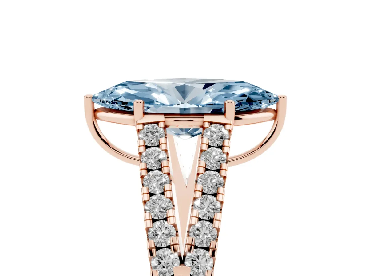 Fancy Blue Marquise Cut Diamond Split Shank Pavé Engagement Ring with Four-Prong Setting Rose gold