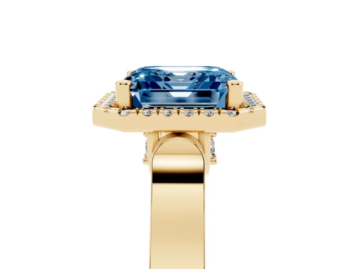 Fancy Blue Asscher Cut Halo Pave Split Shank Prong Setting Ring Yellow gold