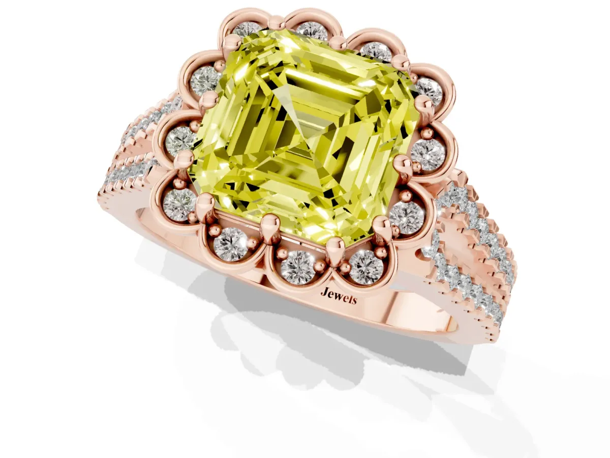 Fancy Yellow Asscher Cut Halo Diamond Floral Split Shank Engagement Ring Rose gold