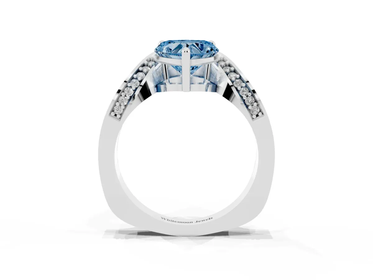 Fancy Blue Heart Cut Solitaire Diamond Engagement Ring with Pave Band and Four-Prong Setting Silver