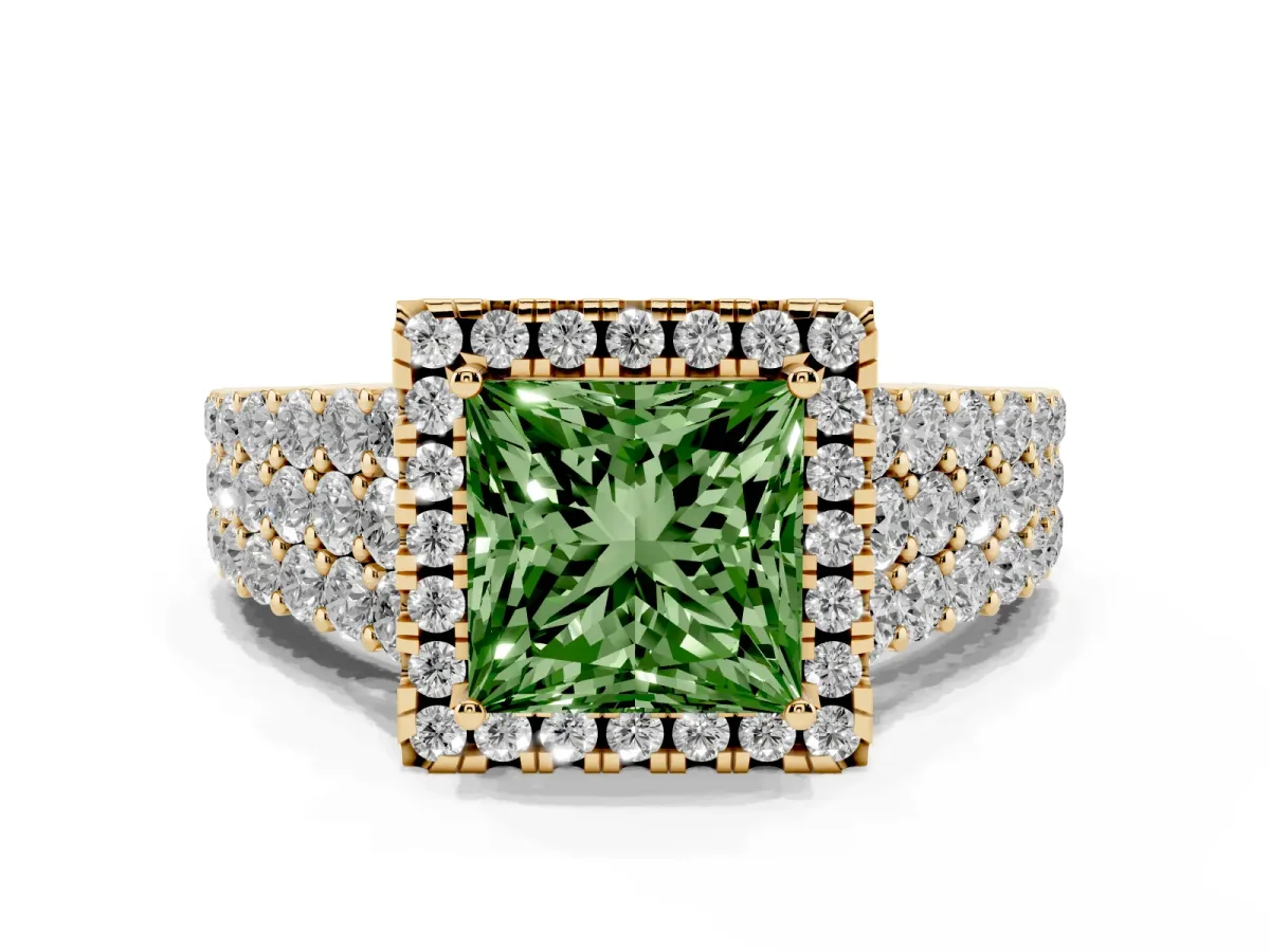 Fancy Green Princess Cut Diamond Halo Engagement Ring with Triple Row Round Pavé Band and Prong Setting Yellow gold
