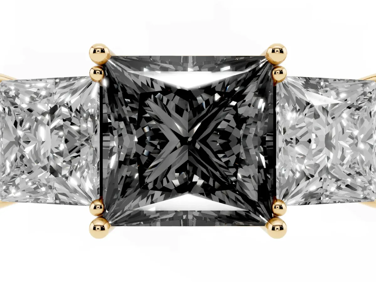 Fancy Black Three-Stone Princess Cut Cut Diamond Engagement Ring with Prong Setting on a White Gold Band Yellow gold