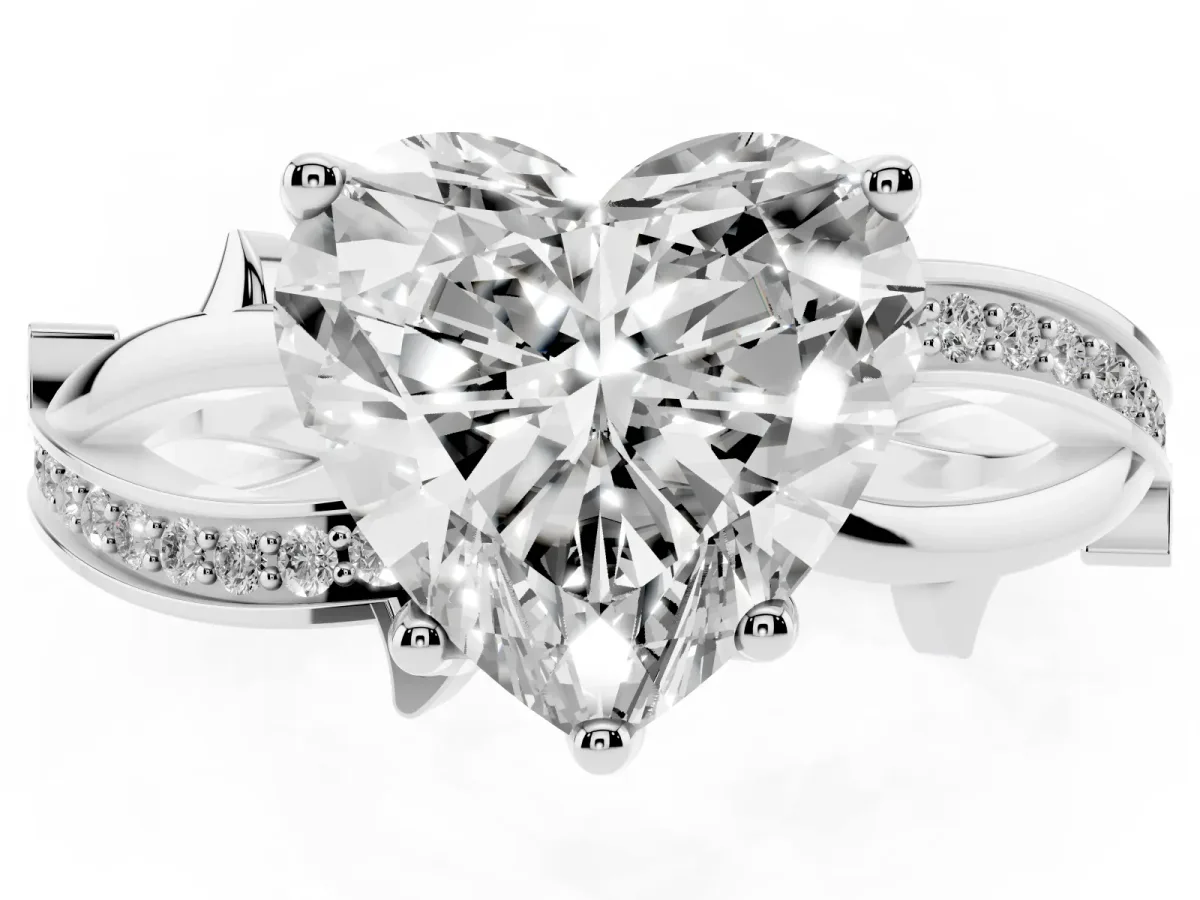 Heart Cut Solitaire Twist Band with Pavé Accents and Four-Prong Setting Silver