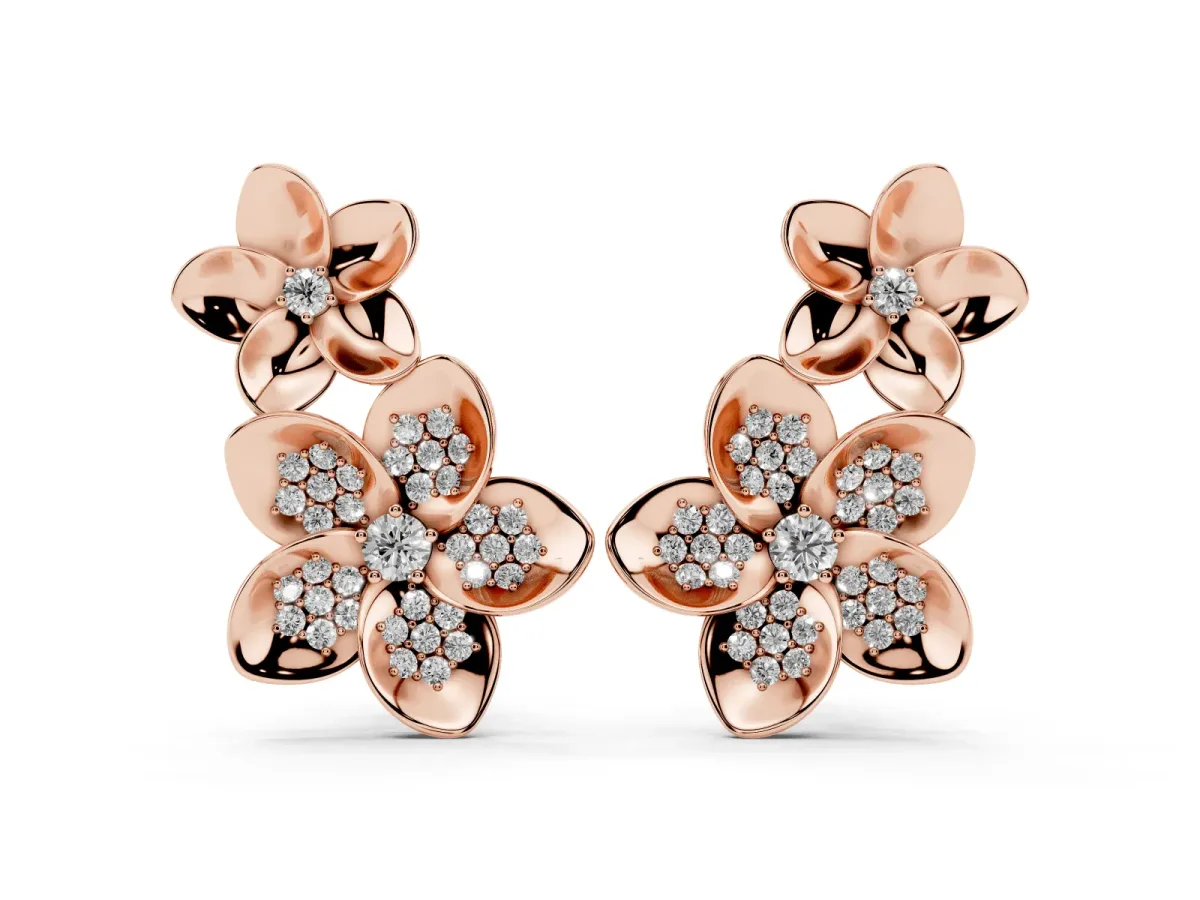 Round Diamond Plumeria Climber Earrings Rose gold