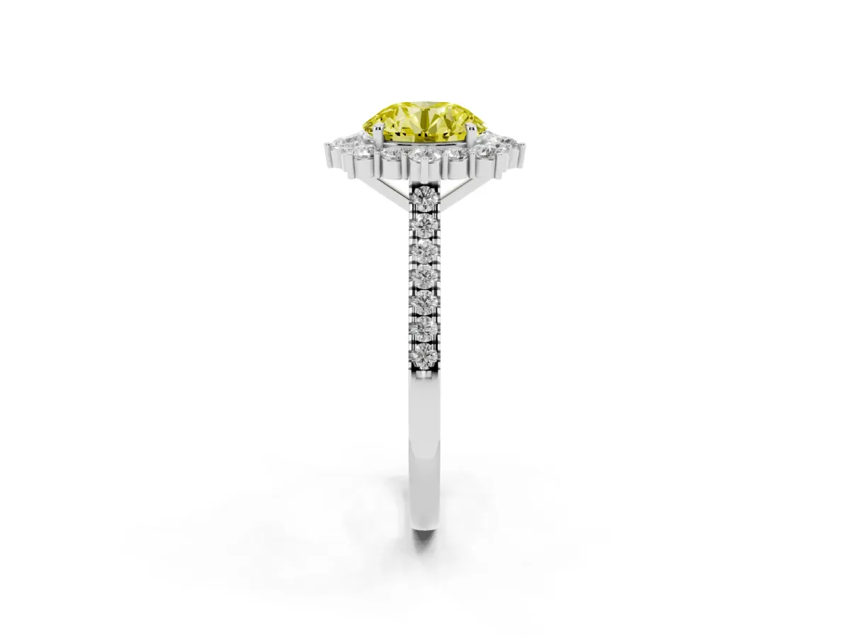 Fancy Yellow Round Cut Halo Diamond Ring with Pavé Band and Prong Setting Silver