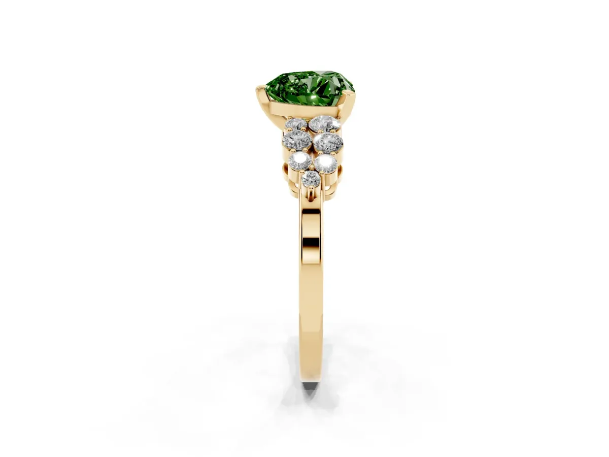 Fancy Green Heart Cut Cluster Diamond Engagement Ring with Pavé Band and Four-Prong Setting Yellow gold