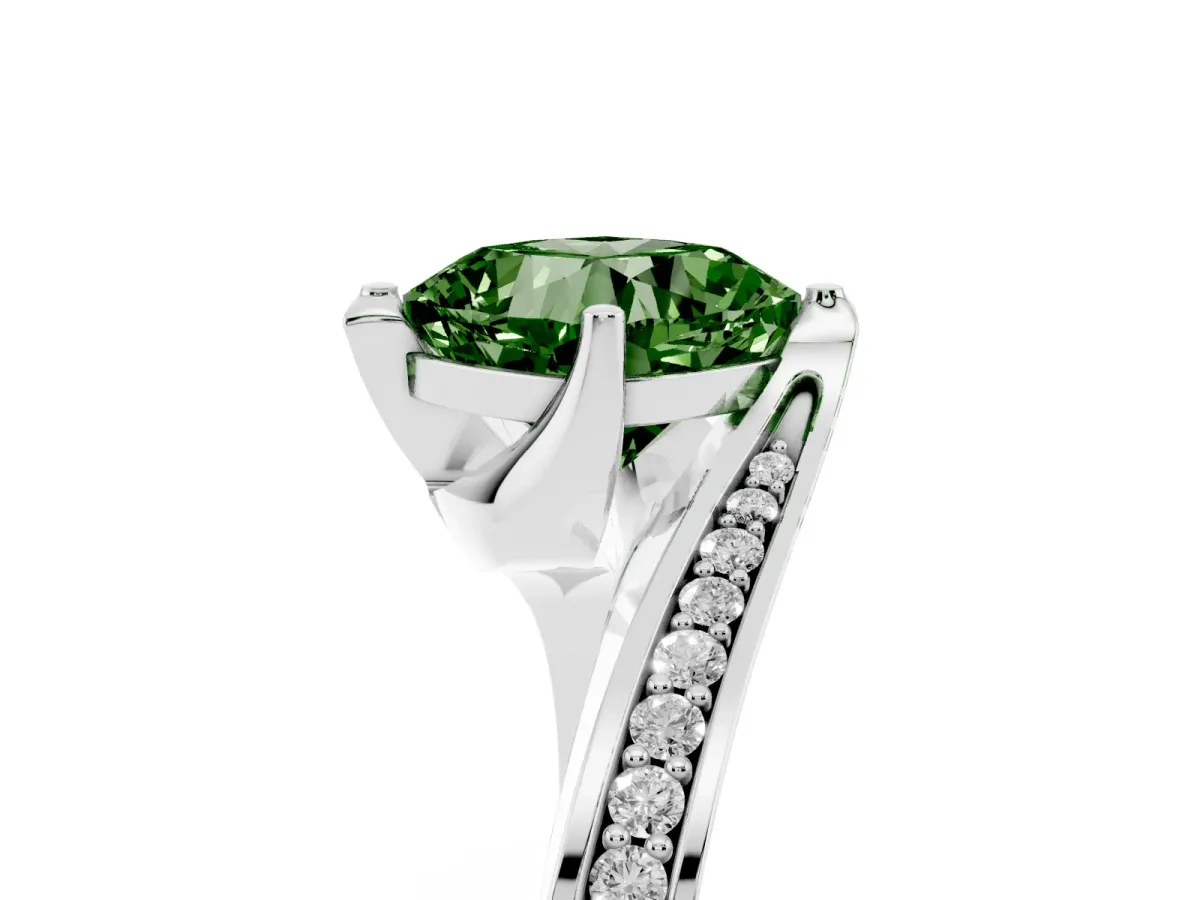 Fancy Green Cushion Cut Solitaire Diamond Twist Band with Pavé Setting and Four-Prong Setting Silver