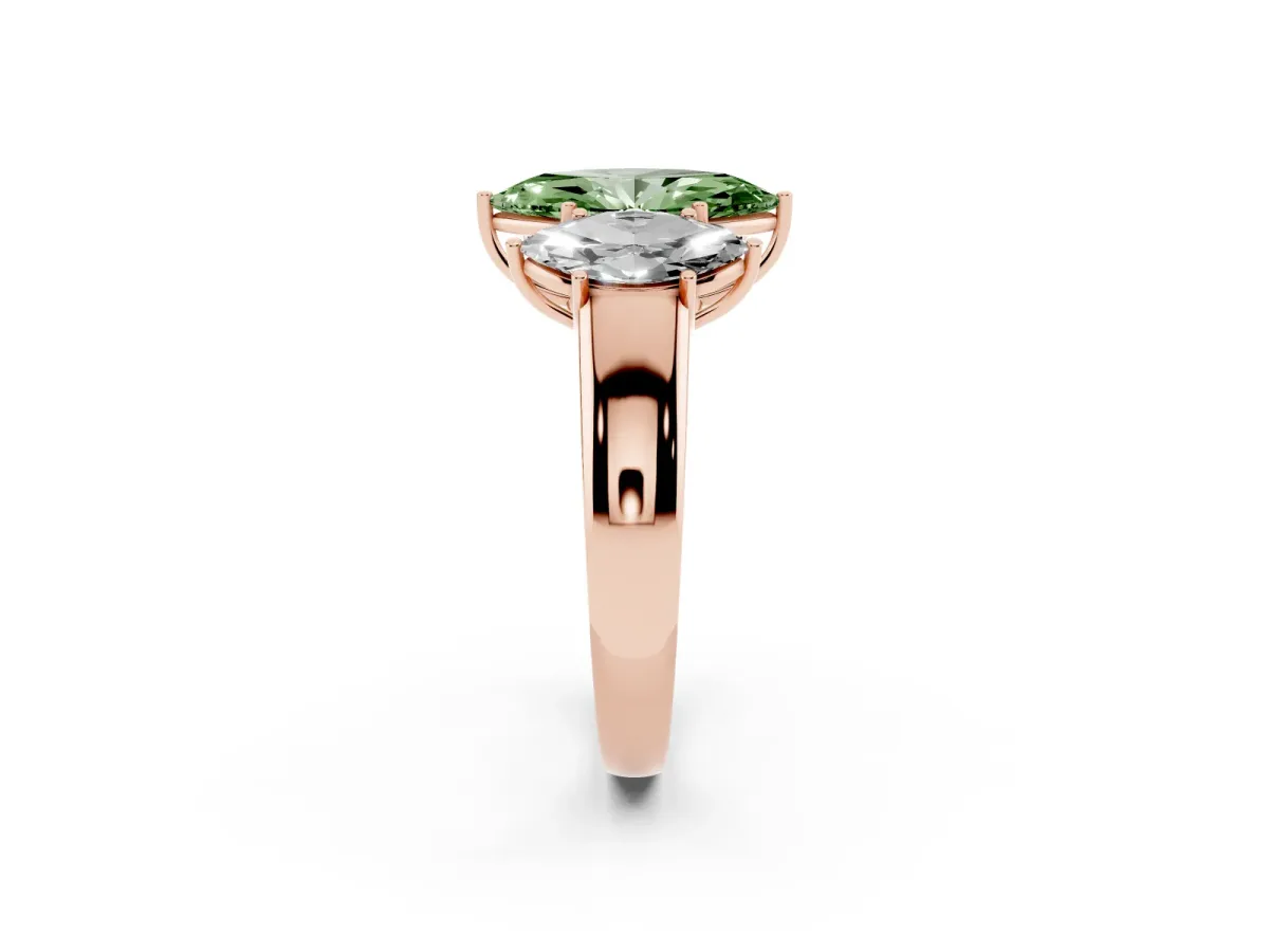 Fancy Green Three-Stone Marquise Cut Cut Diamond Ring with Prong Setting and Classic Band Rose gold