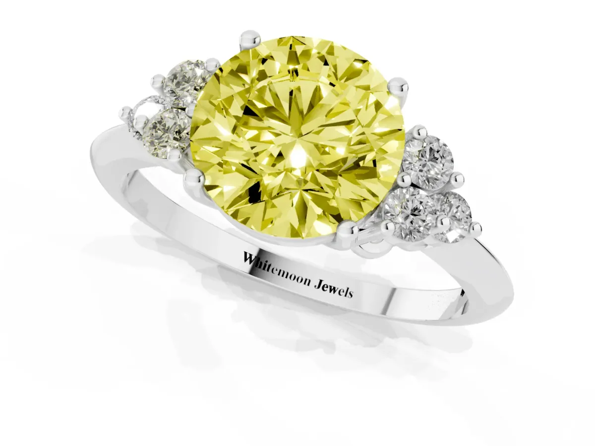 Fancy Yellow Round Cut Cut Diamond Cluster Ring with Solitaire Band and Four-Prong Setting Silver
