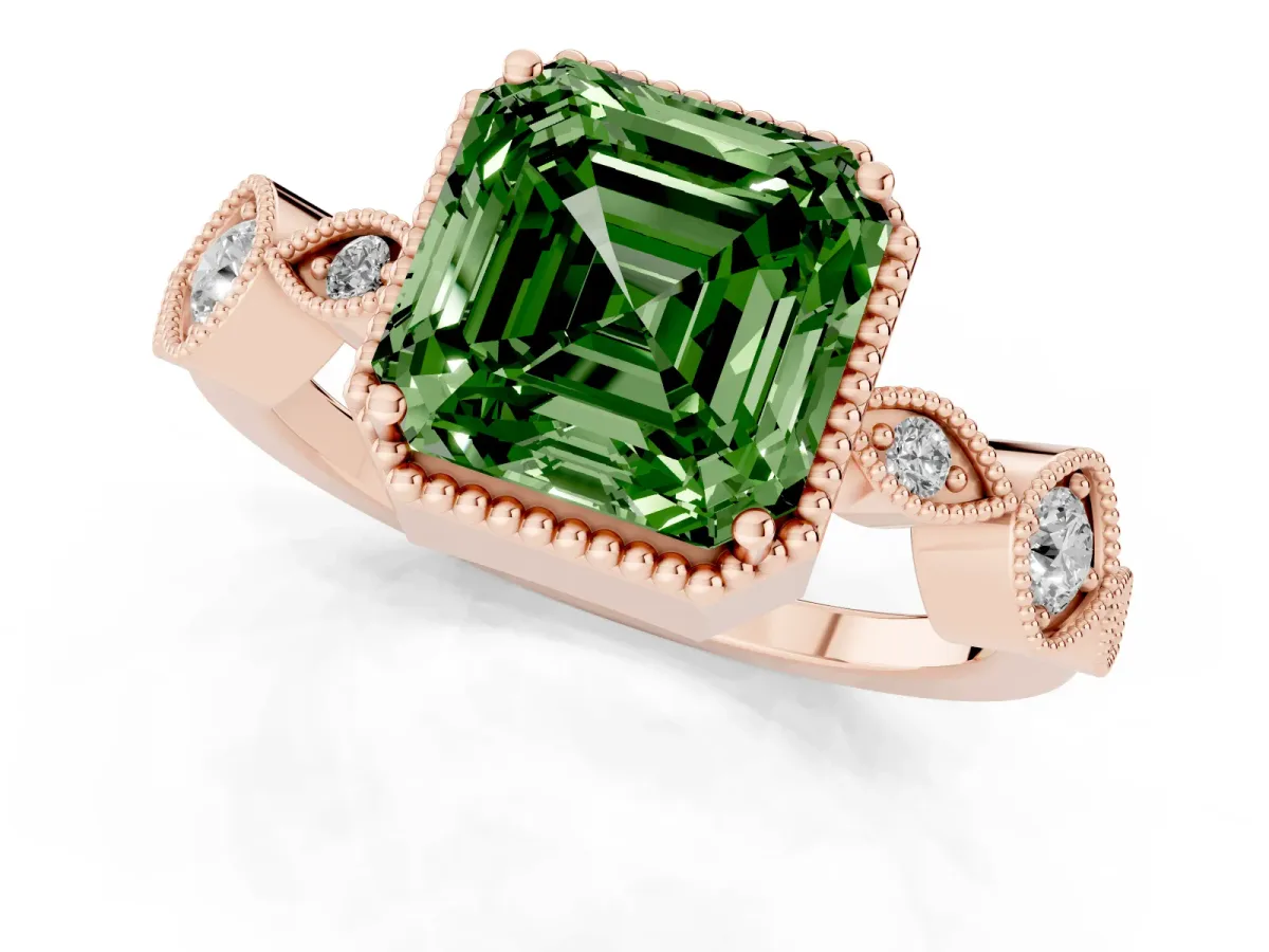 Fancy Green Asscher Cut Diamond Vintage Milgrain Ring with Round Stations Rose gold