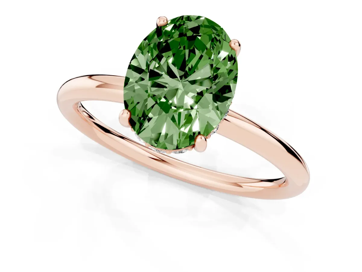 Fancy Green Oval Cut Solitaire Diamond Ring with a Classic Band and Four-Prong Setting Rose gold