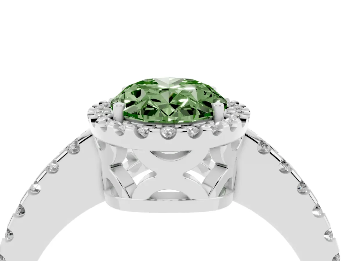 Fancy Green Oval Cut Diamond Halo Engagement Ring with Pavé Band and Prong Setting Platinum