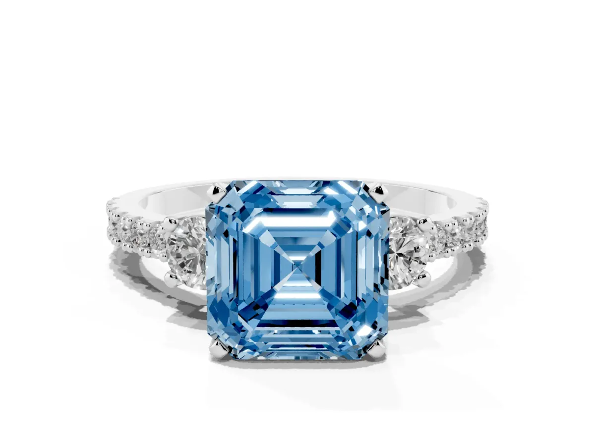 Fancy Blue Asscher Cut Three-Stone Diamond Pavé Band with Prong Setting Silver