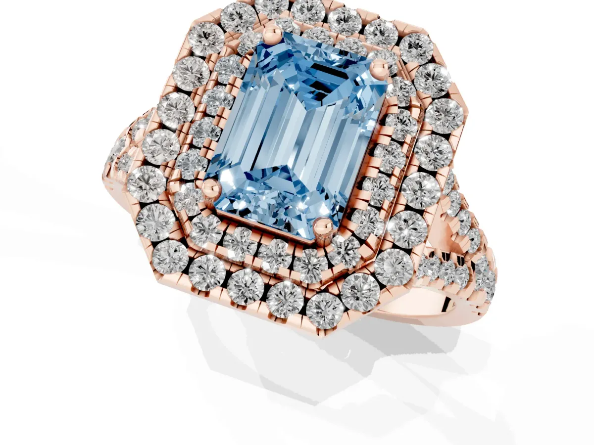 Fancy Blue Double Halo Emerald Cut Diamond Pavé Split Shank Ring with Prong Setting Rose gold