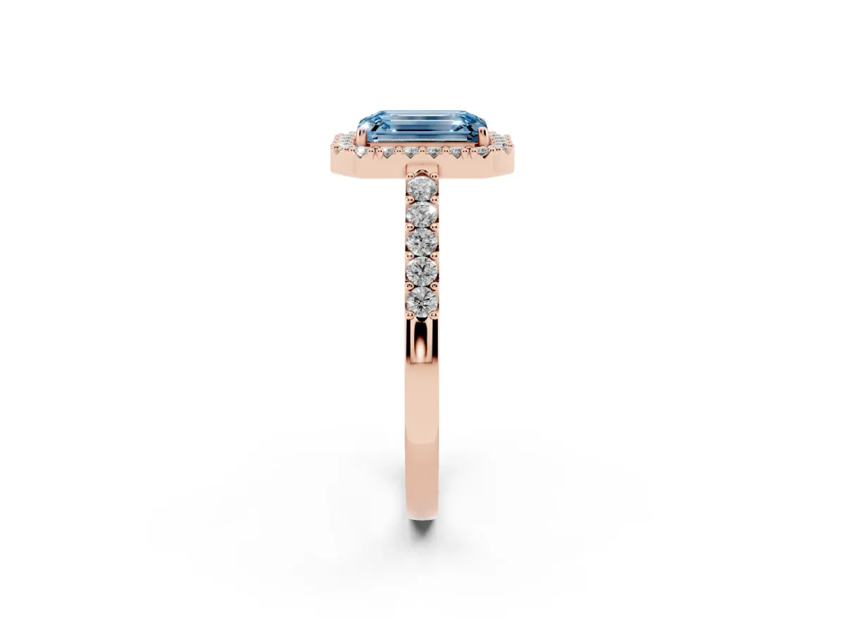 Fancy Blue Emerald Cut Halo Diamond Pavé Solitaire Ring Rose gold