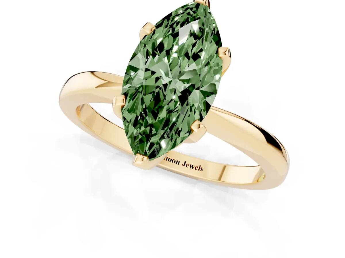 Fancy Green Marquise Cut Solitaire Engagement Ring with Six-Prong Setting and Tapered Band Yellow gold