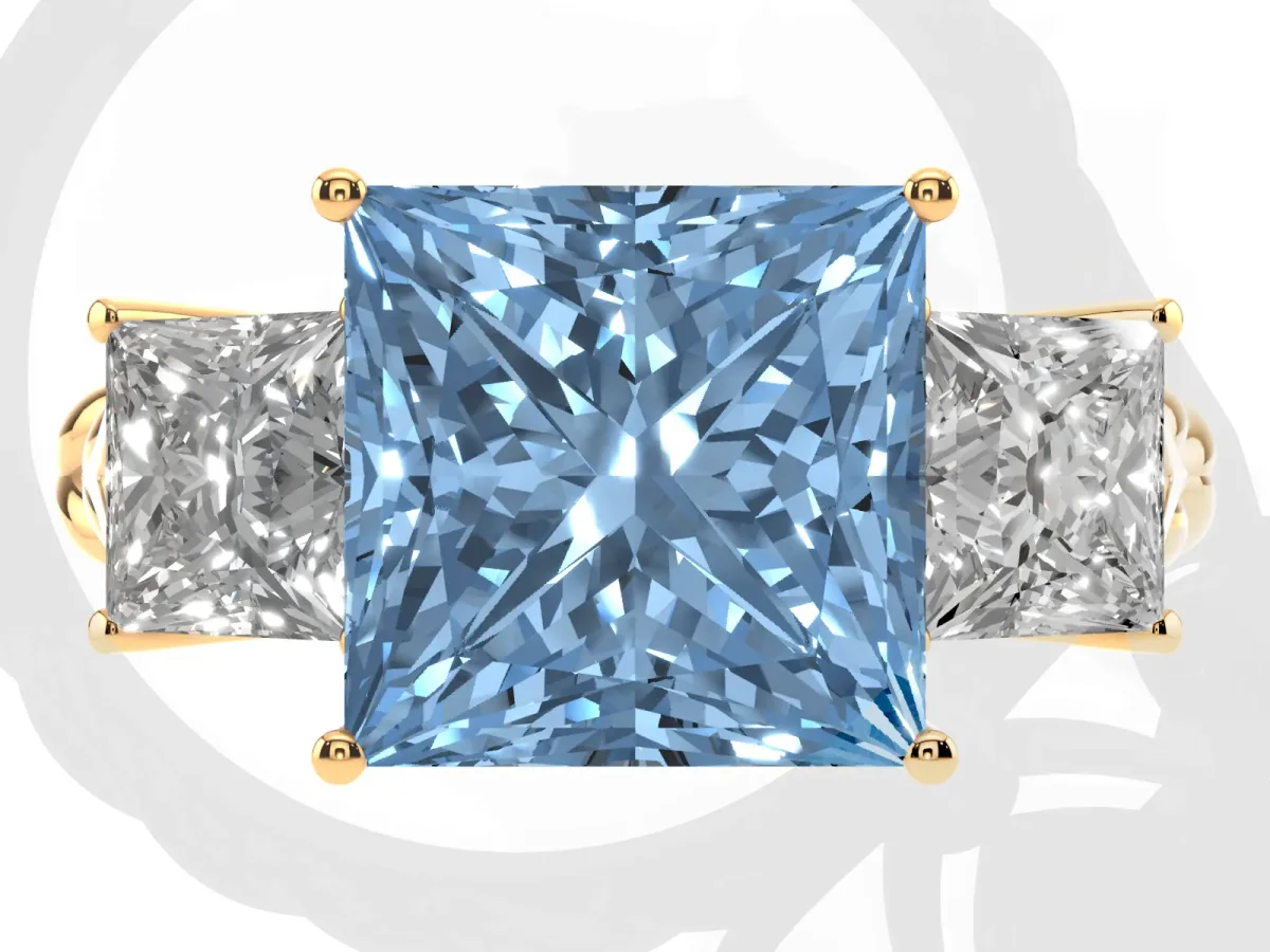 Fancy Blue Three-Stone Princess Cut Diamond Braided Band Ring with Four-Prong Setting Yellow gold