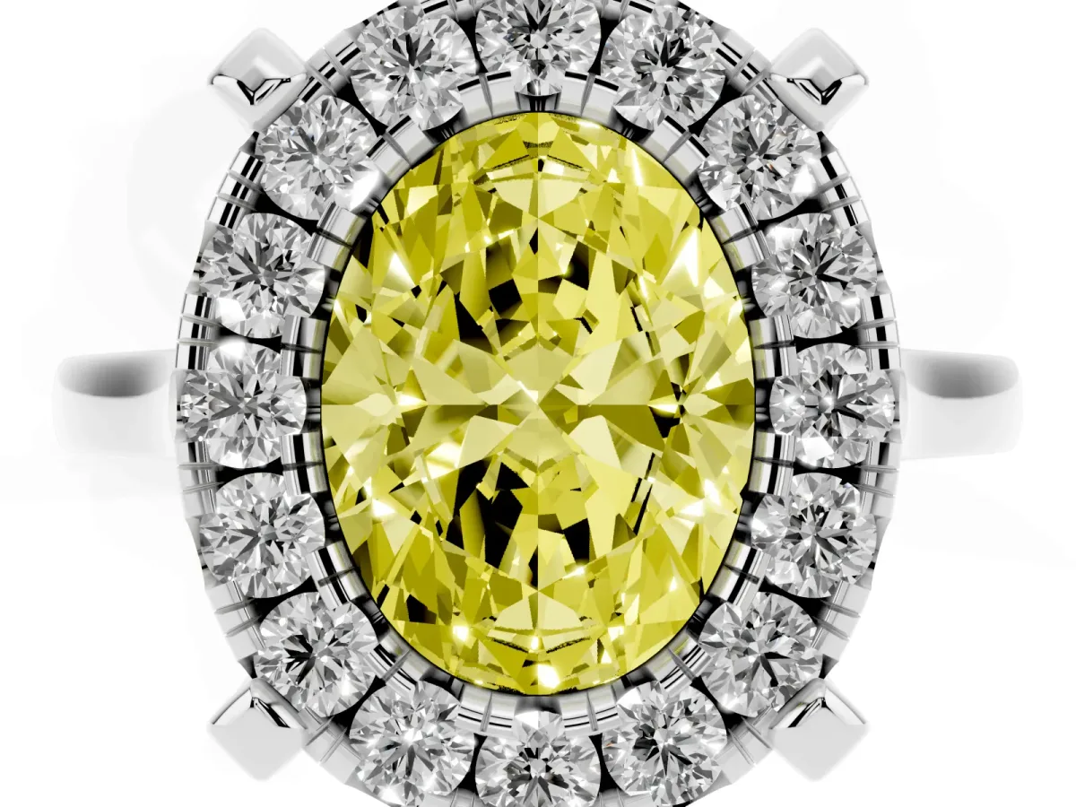 Fancy Yellow Oval Cut Diamond Cluster Halo Solitaire with Four-Prong Setting Silver