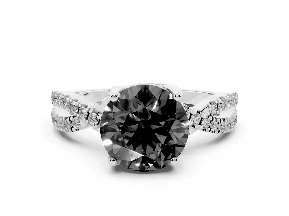 Fancy Black Round Cut Solitaire Twist Pave Diamond Engagement Ring with Prong Setting Platinum