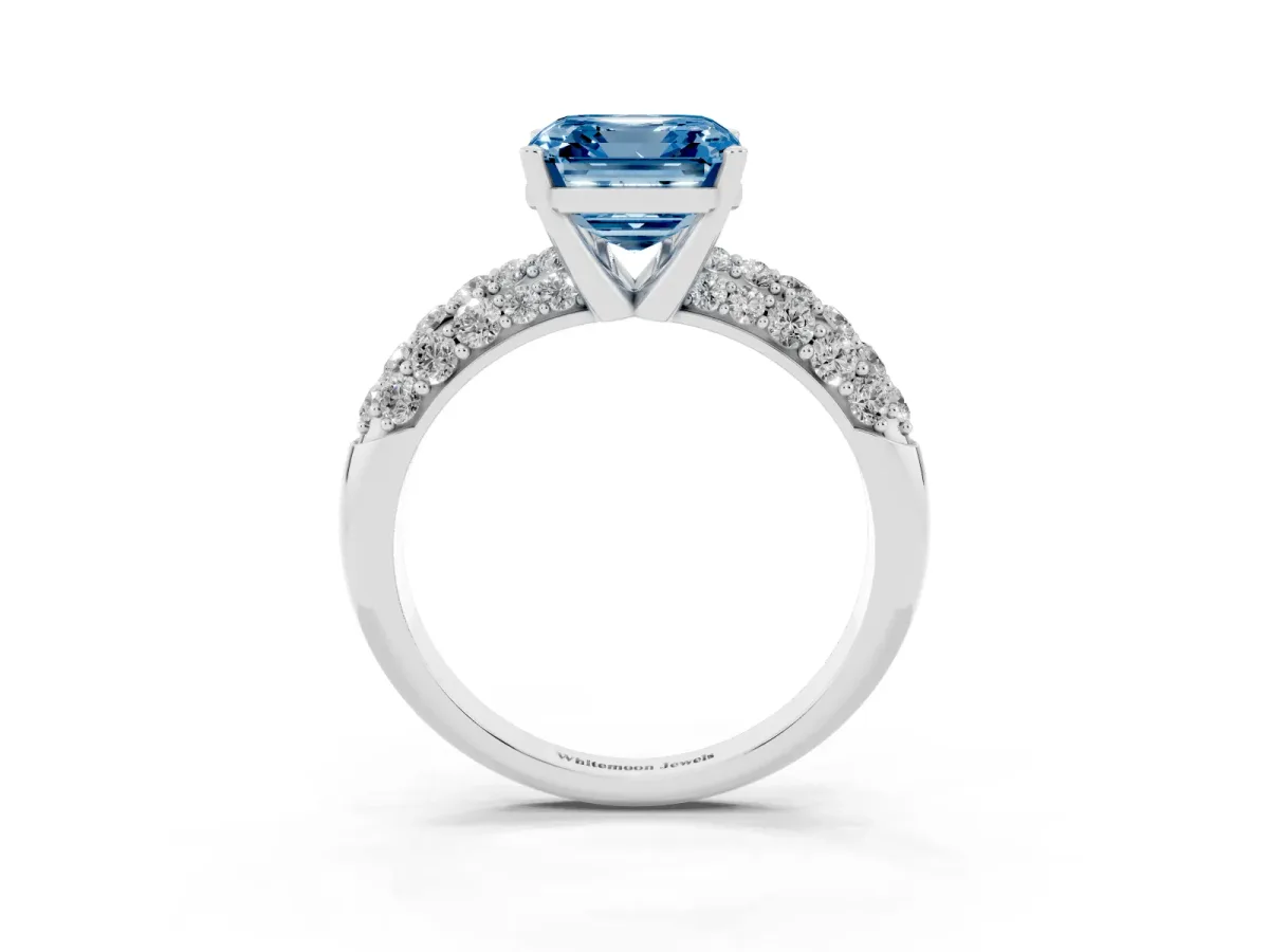 Fancy Blue Asscher Cut Diamond Pavé Band Solitaire Ring with Four-Prong Setting Silver