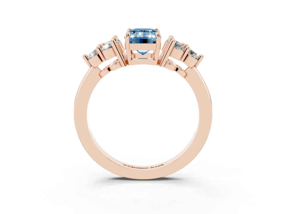 Fancy Blue Emerald Cut Brilliant Diamond Cluster Accent Solitaire Ring with Prong Setting Rose gold