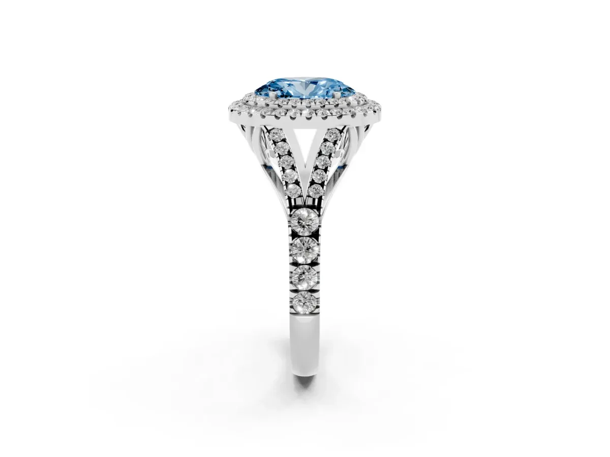 Fancy Blue Oval Cut Diamond Pavé Split Shank Double Halo Engagement Ring Silver