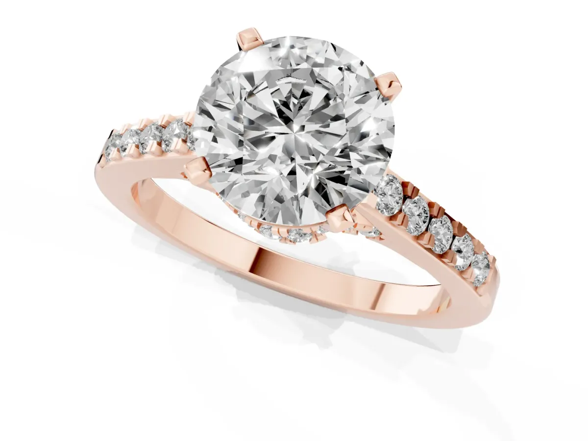 Round Cut Diamond Solitaire Ring with Crossover Gallery and Round Pavé Band Rose gold