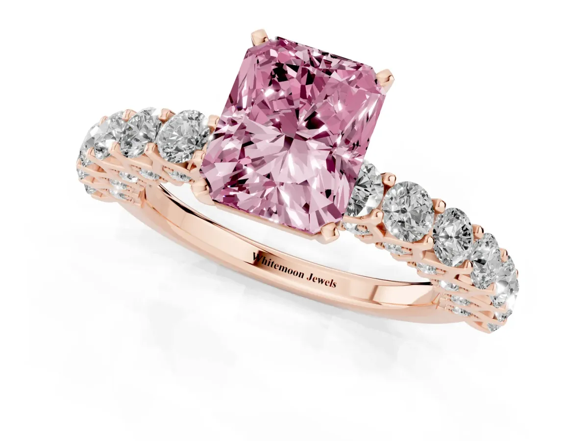 Fancy Pink Radiant Cut Diamond Solitaire Ring with Shared Prong Pavé Band and Four-Prong Setting Rose gold