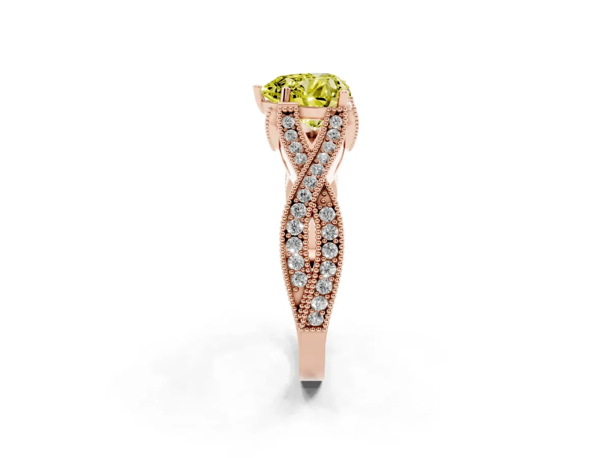 Fancy Yellow Heart Cut Cut Diamond Twisted Band with Milgrain Pave Setting and Four-Prong Setting Rose gold