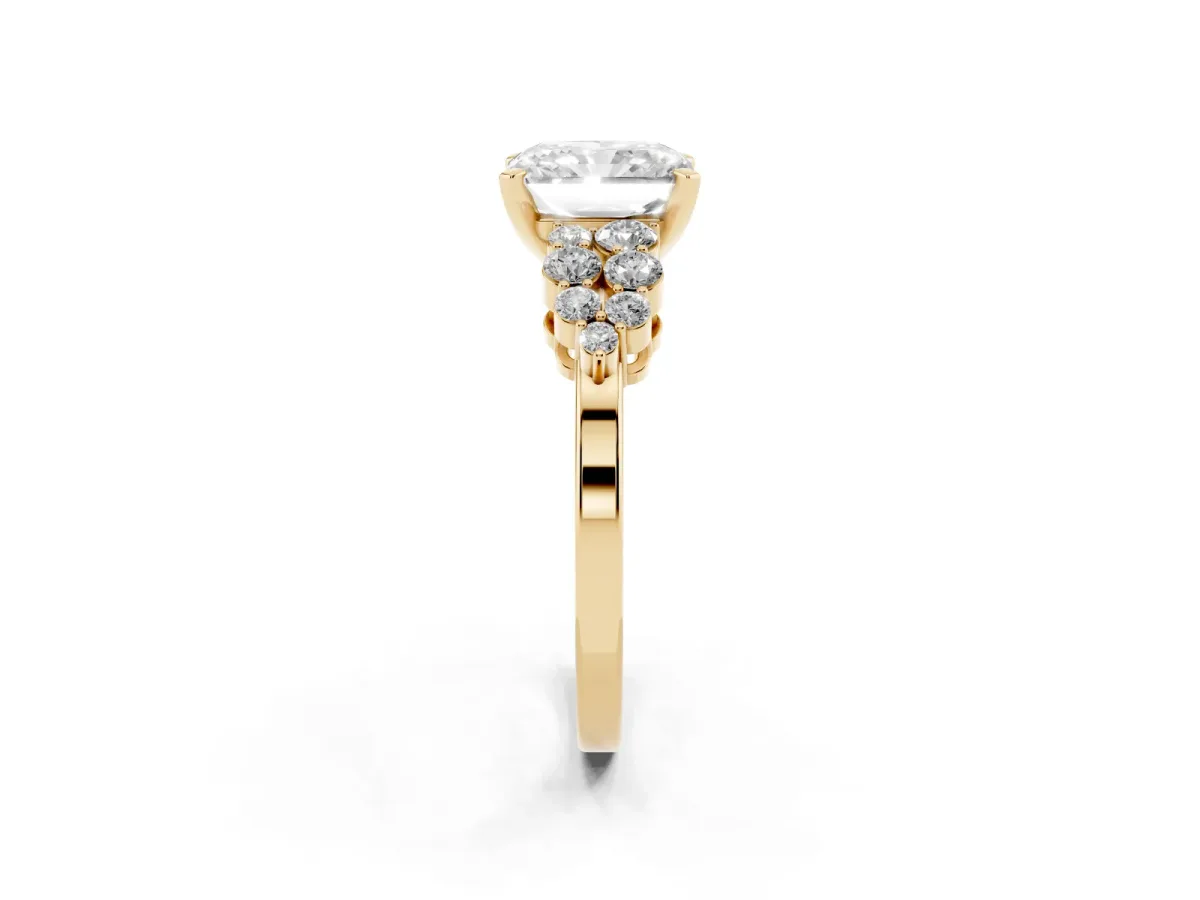 Radiant Cut Cluster Diamond Engagement Ring with Pavé Band and Four-Prong Setting Yellow gold